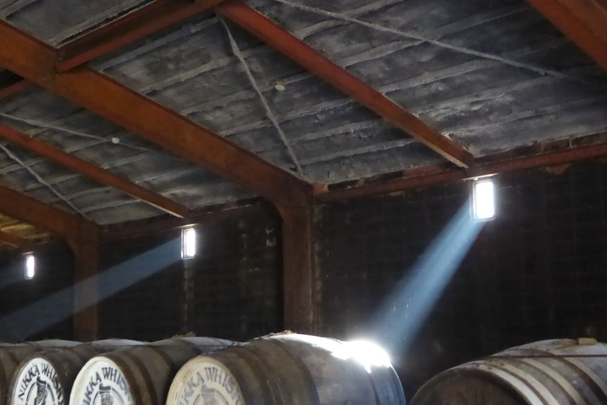 Light falling across oak casks in a warehouse, used in our whisky FAQ section on whisky types and ageing